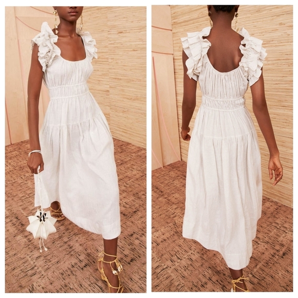 ULLA JOHNSON Rissa Dress Sand 100% Linen Midi Ruffle Tiered Cream Stripe 8 - Picture 1 of 14